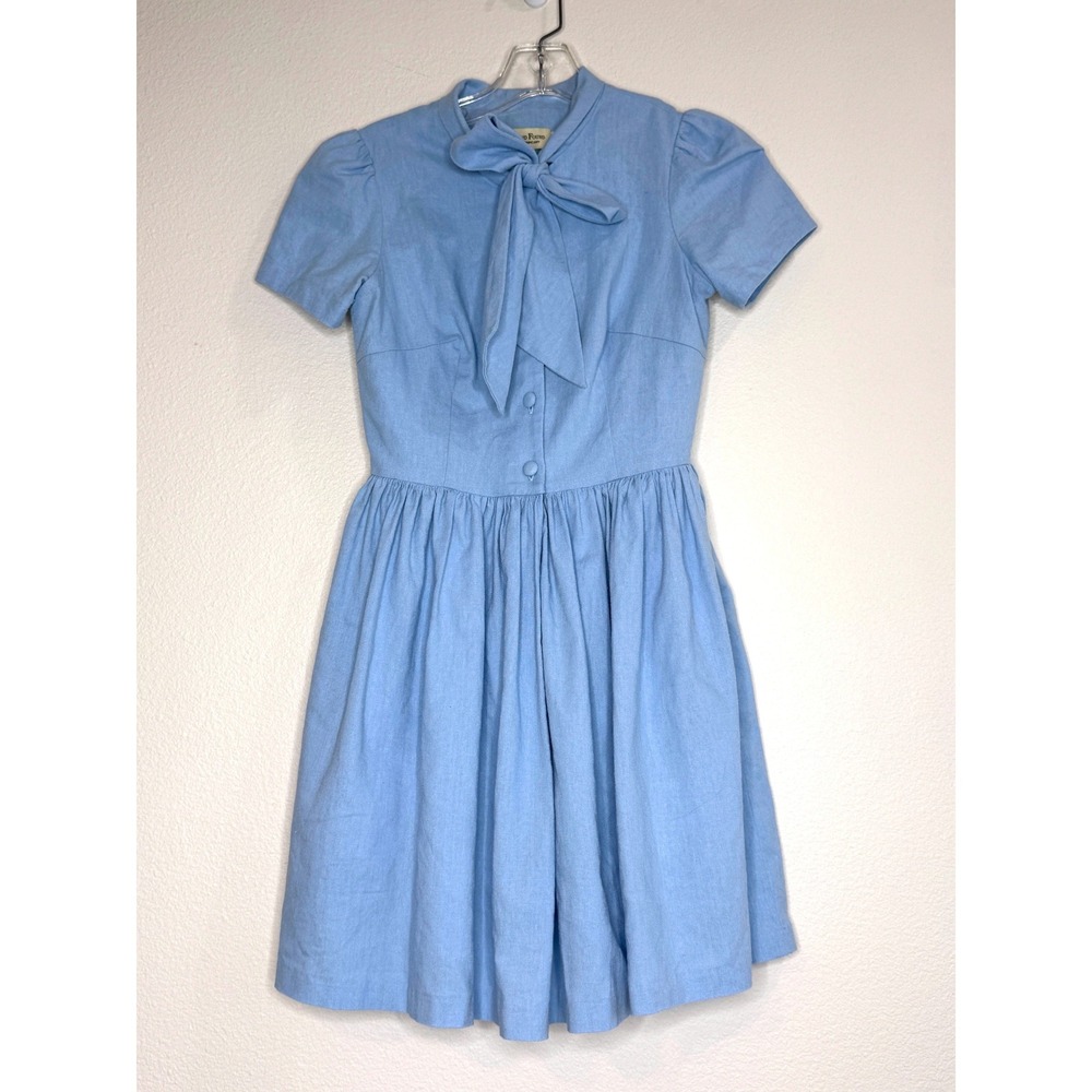 HEARTS AND FOUND Bonnie Cotton Fit & Flare Dress XS Blue Retro Coquette Cottage